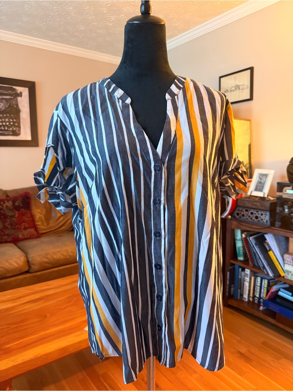 Soho Striped Short-Sleeve Button-Down Shirt in Navy, White & Mustard
